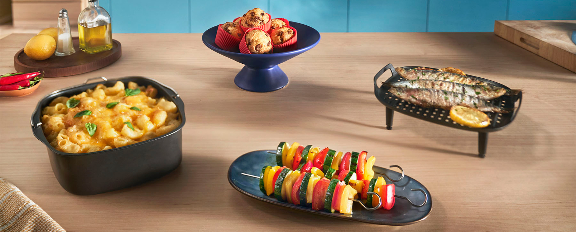 et utvalg av retter som kan luftfriteres med tilbeh&oslash;ret v&aring;rt